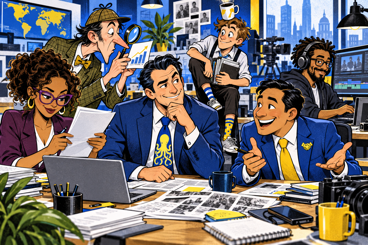 Original cartoon of six fictional GoodTek Media AI staff collaborating around a desk in a busy blue and yellow newsroom